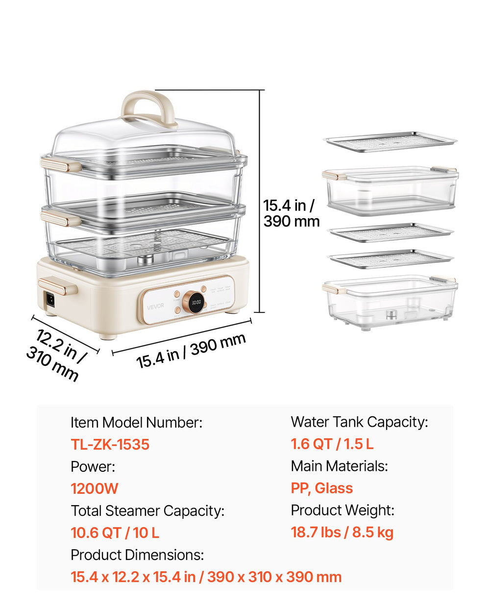 VEVOR Electric Food Steamer 10.6 QT Glass with 3-Tier Stainless Steel Trays, 1200W Vegetable Steamer for Cooking, 2-4 Servings, Pre-Programmed Settings, Delay Start, for Veggies, Seafood & Rice, White