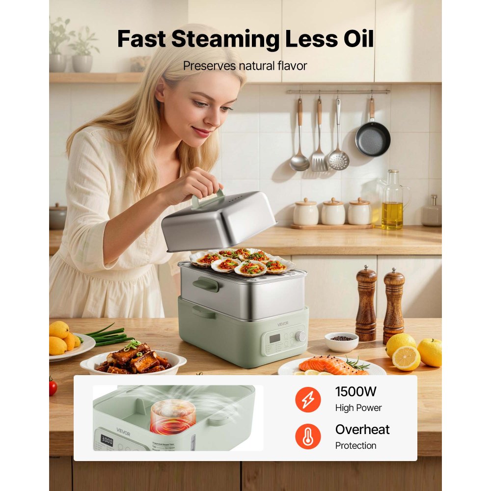 VEVOR Electric Food Steamer 13.7 QT 2-Tier Stainless Steel for 3-6 Servings, 1500W Vegetable & Meal Steamer for Cooking with 9 Pre-Programmed Settings, Keep Warm, for Veggies, Seafood & Rice, Green