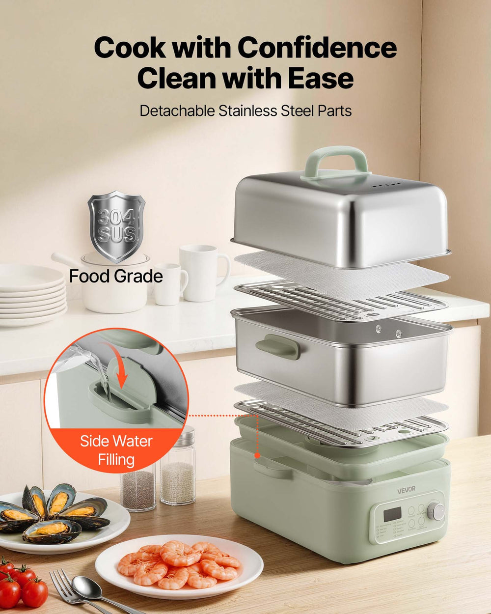 VEVOR Electric Food Steamer 13.7 QT 2-Tier Stainless Steel for 3-6 Servings, 1500W Vegetable & Meal Steamer for Cooking with 9 Pre-Programmed Settings, Keep Warm, for Veggies, Seafood & Rice, Green