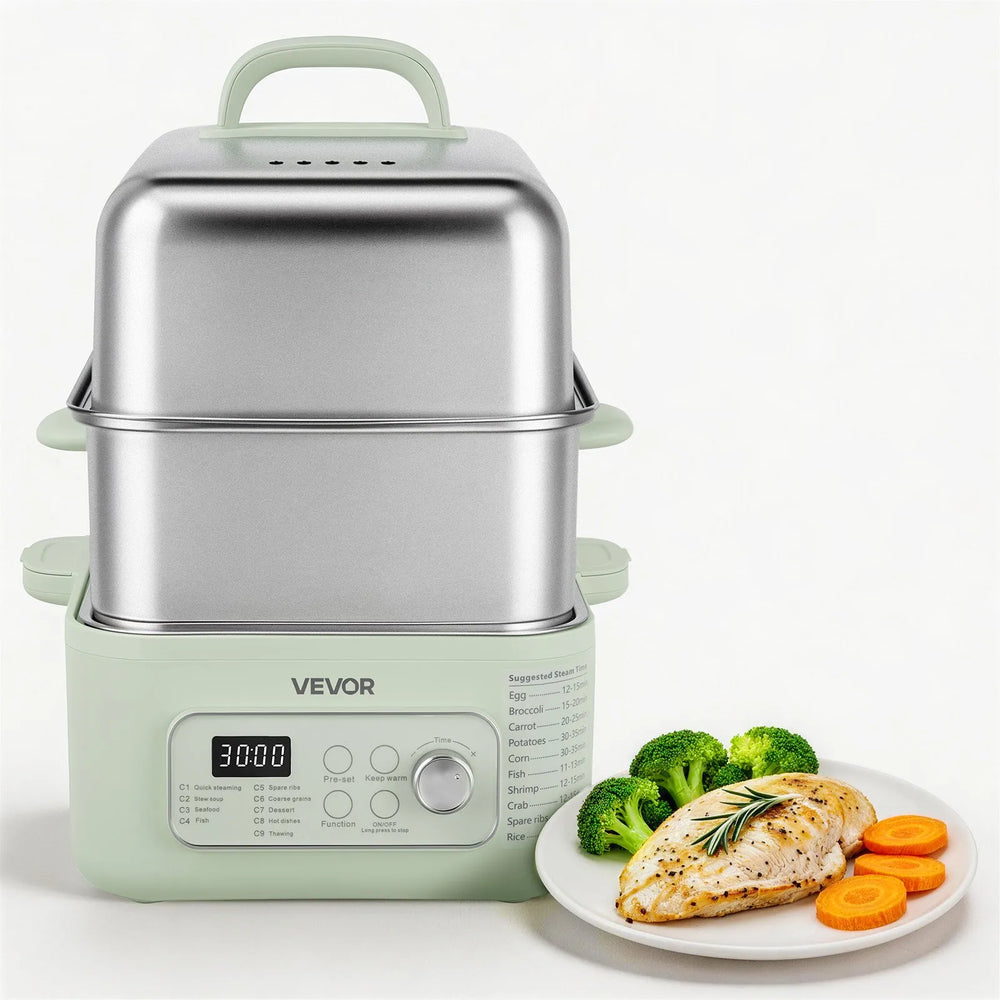 VEVOR Electric Food Steamer 13.7 QT 2-Tier Stainless Steel for 3-6 Servings, 1500W Vegetable & Meal Steamer for Cooking with 9 Pre-Programmed Settings, Keep Warm, for Veggies, Seafood & Rice, Green
