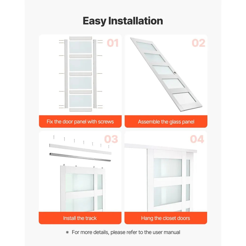 Easy installation steps overview (fix panel, assemble glass, install track, hang doors)