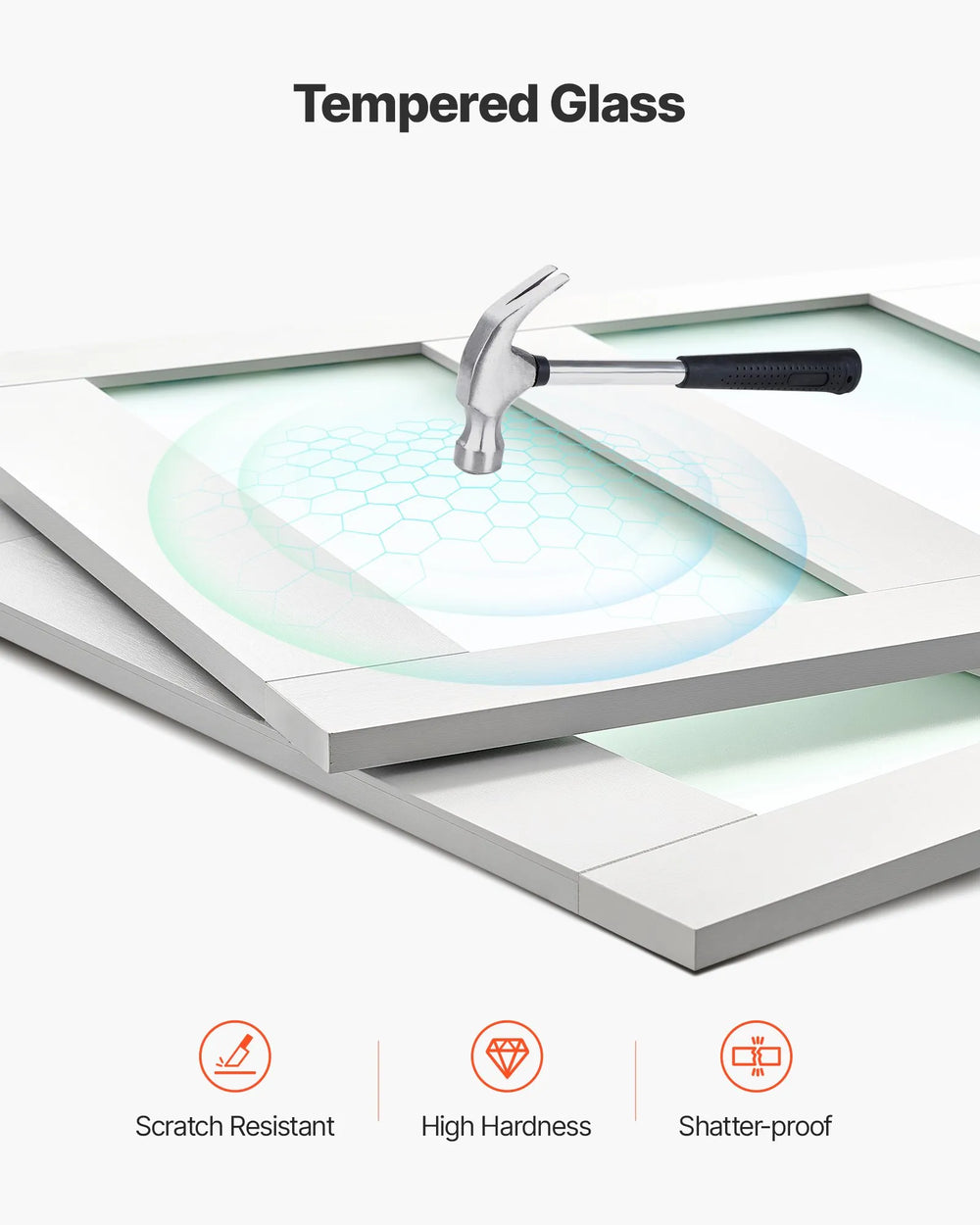 Tempered frosted glass illustration highlighting scratch resistance, high hardness, and shatter-proof design