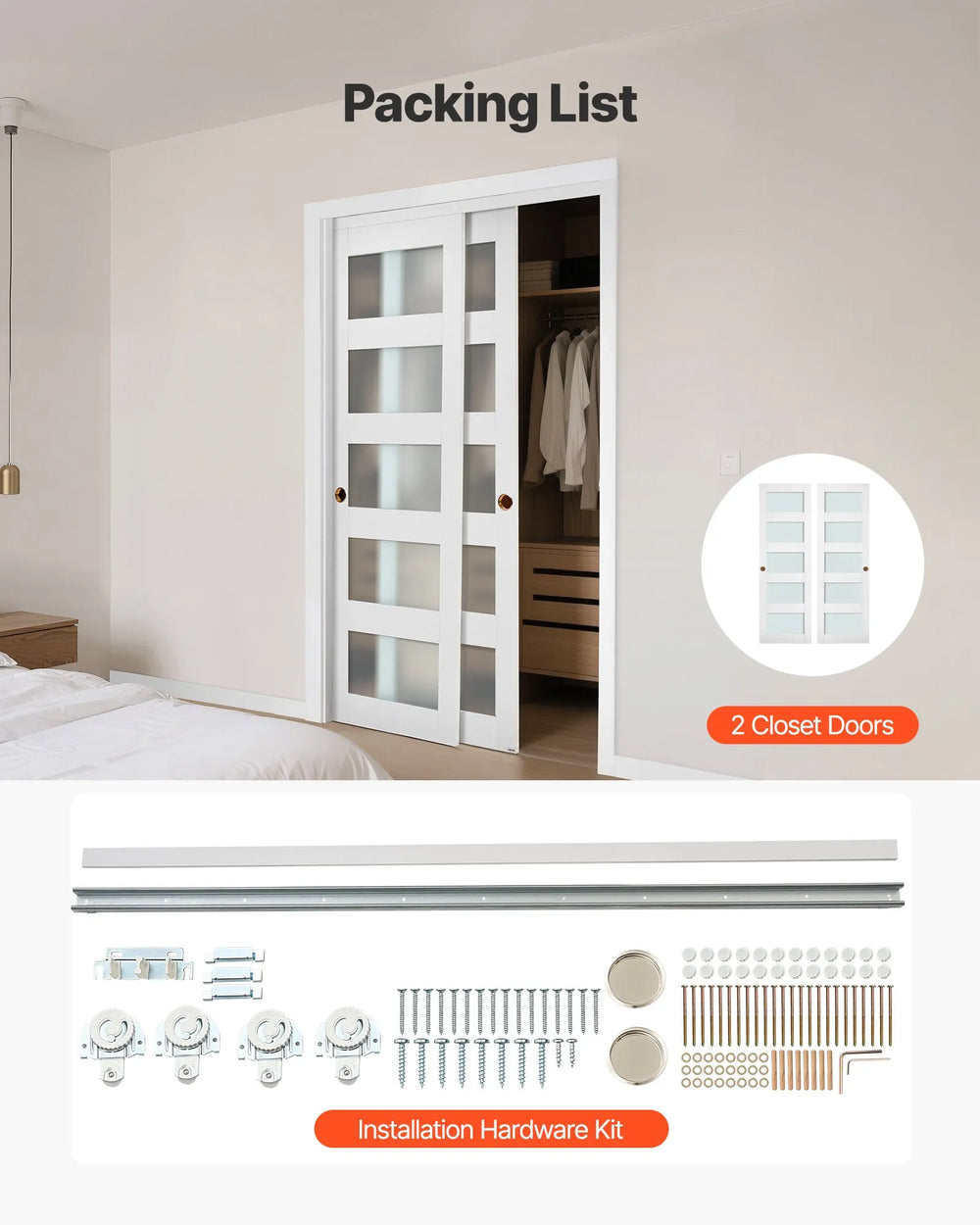 Packing list showing 2 closet doors and installation hardware kit