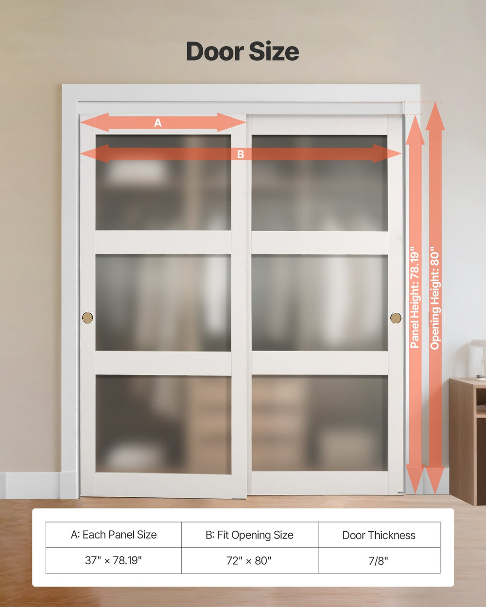 Sliding closet door size diagram (each panel 37 in x 78.19 in, fit opening 72 in x 80 in, thickness 7/8 in)