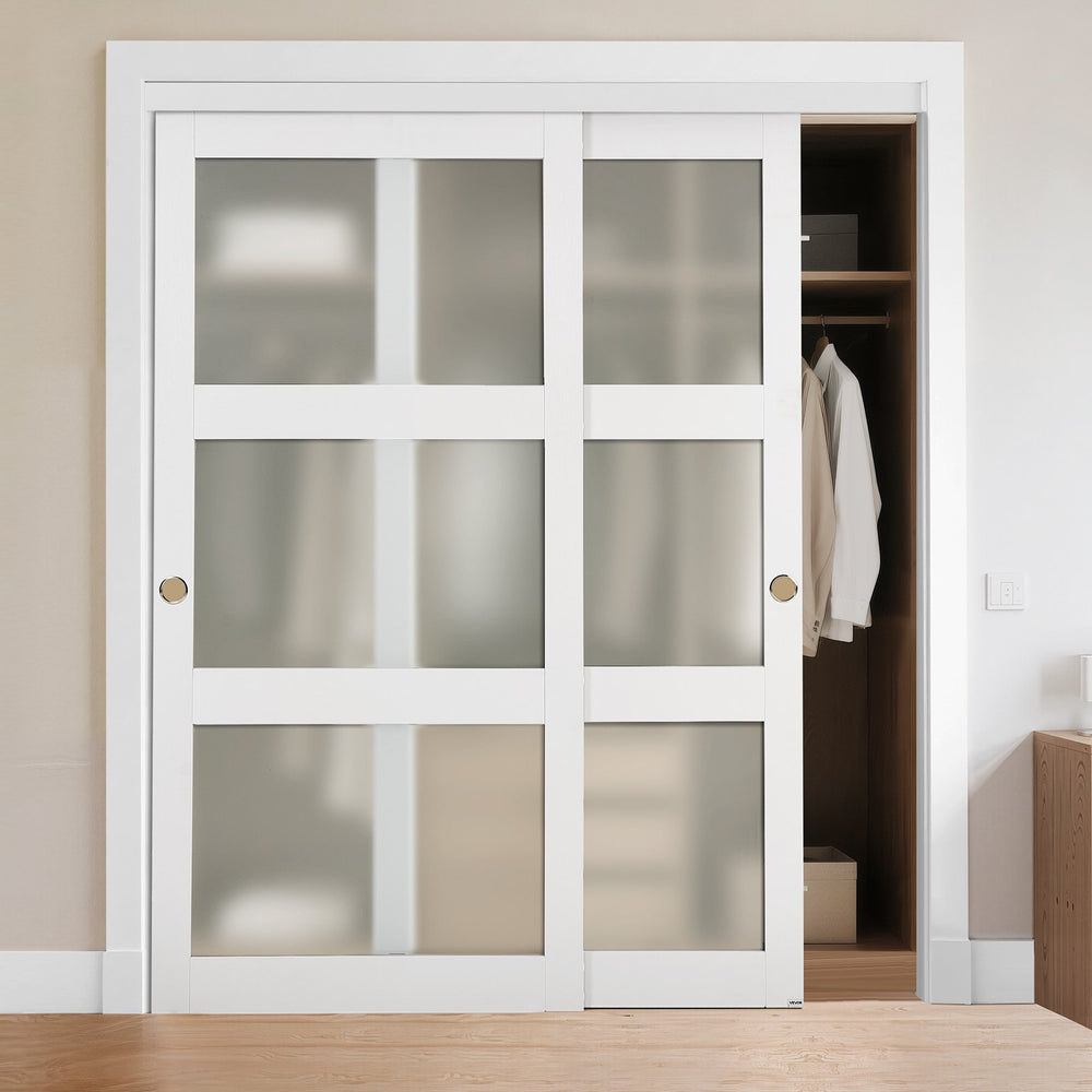 VEVOR sliding closet door set, 72 in (double 37 in) x 80 in, 3-lite frosted glass bypass doors - main image