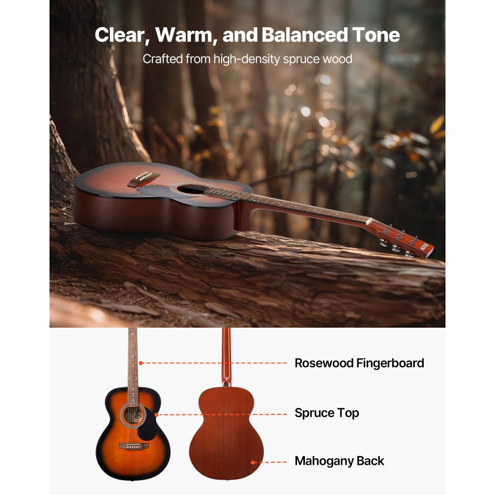 VEVOR Dreadnought Acoustic Guitar, 40 in, 6-String Sunburst Solid Top Guitar, Beginner Bundle with Gig Bag, Tuner, Strap, Steel Strings, Picks, Capo, Rosewood Fingerboard, for Adults, Skilled Players