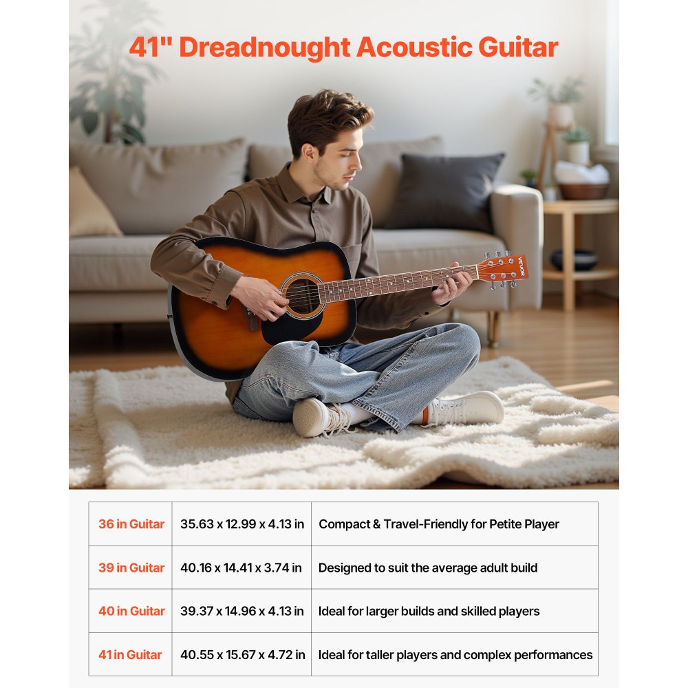 VEVOR Dreadnought Acoustic Guitar, 41 in, 6-String Sunburst Solid Spruce Top Guitar, Beginner Bundle with Gig Bag, Tuner, Strap, Strings, Picks, Capo, Rosewood Fingerboard, for Adult Taller Player