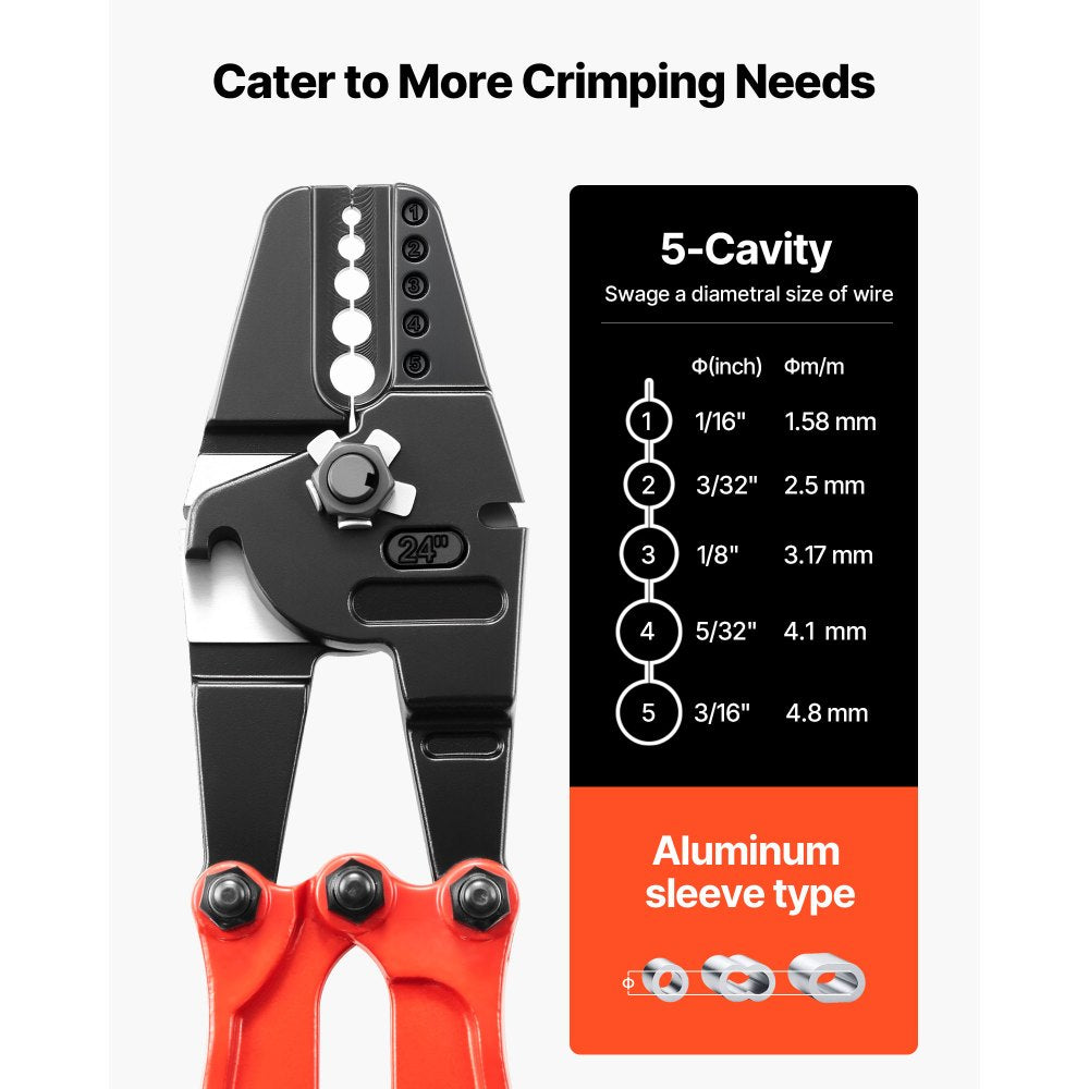 VEVOR 24" Hand Swager Cable Wire Rope Cutter Swage 1/16" 3/32" 1/8" 5/32" 3/16" Aluminum Sleeves Copper