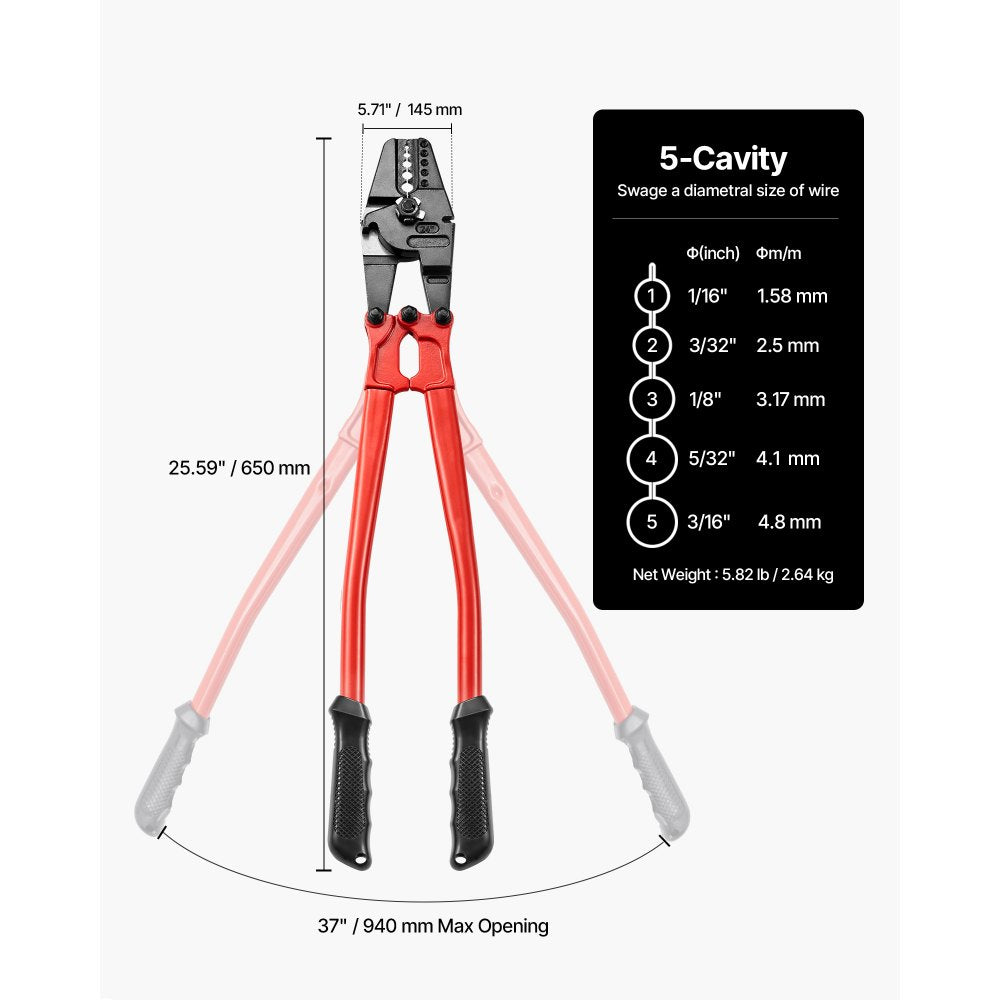 VEVOR 24" Hand Swager Cable Wire Rope Cutter Swage 1/16" 3/32" 1/8" 5/32" 3/16" Aluminum Sleeves Copper