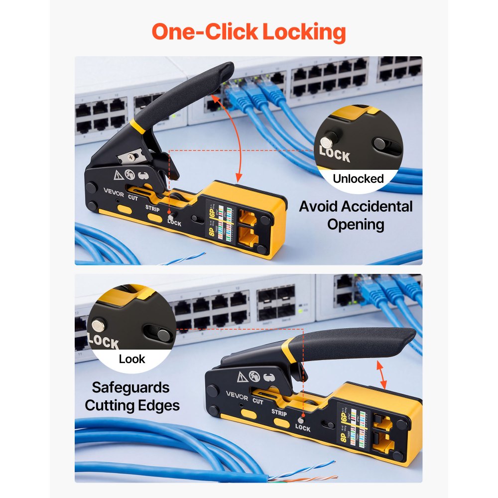VEVOR Crimping Tool, RJ45/RJ11/RJ12 Ethernet Crimper, Crimp Tool Kit for 4/6/8-Pin Modular Plugs, with Mini Wire Stripper, 50 Connectors and 50 Boots, Replacement Blades, and Network Cable Tester