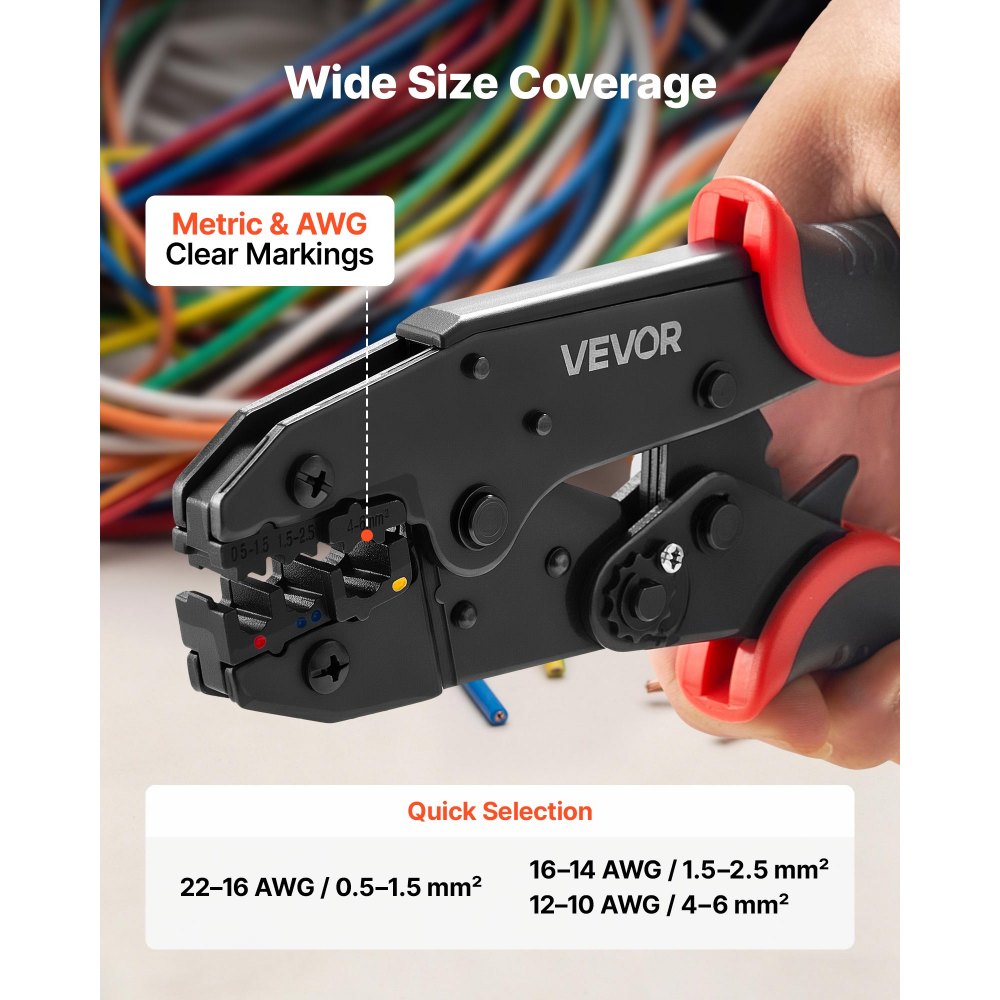 VEVOR Crimping Tool, 22-10 AWG Ratcheting Wire Crimper Tool, Labor-Saving Electrical Terminal Crimp Pliers with Clear Metric & AWG Markings, Quick Release, Adjustable Force for Multiple Terminals