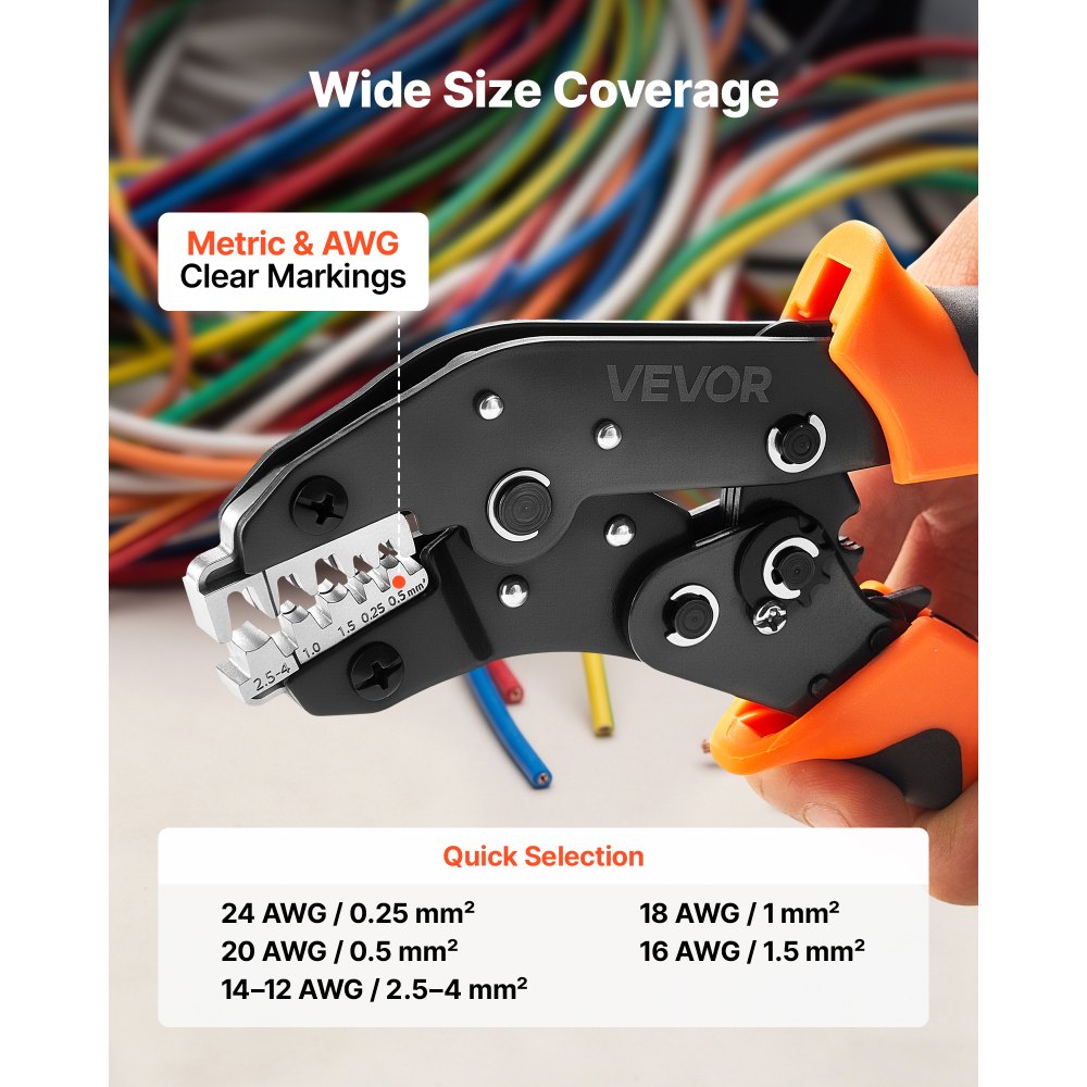 VEVOR Crimping Tool, 24-12 AWG Ratcheting Wire Crimper Tool, Labor-Saving Electrical Terminal Crimp Pliers with Clear Metric & AWG Markings, Quick Release, Adjustable Pressure for Multiple Terminals