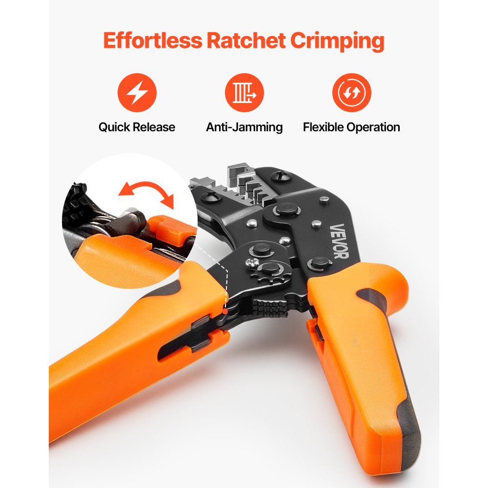 VEVOR Crimping Tool, 24-12 AWG Ratcheting Wire Crimper Tool, Labor-Saving Electrical Terminal Crimp Pliers with Clear Metric & AWG Markings, Quick Release, Adjustable Pressure for Multiple Terminals