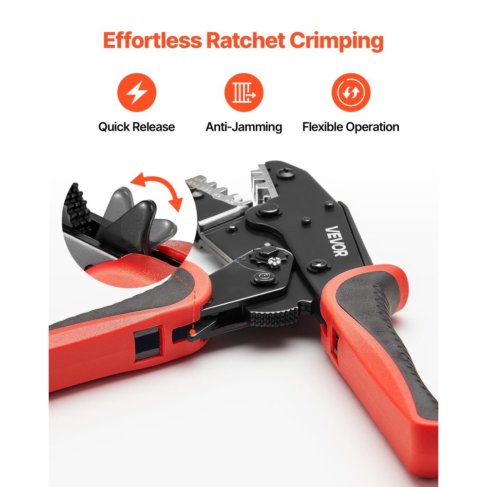 VEVOR Crimping Tool, 24-10 AWG Ratcheting Wire Crimper Tool, Labor-Saving Electrical Terminal Crimp Pliers with Clear Metric & AWG Markings, Quick Release, Adjustable Pressure for Multiple Terminals