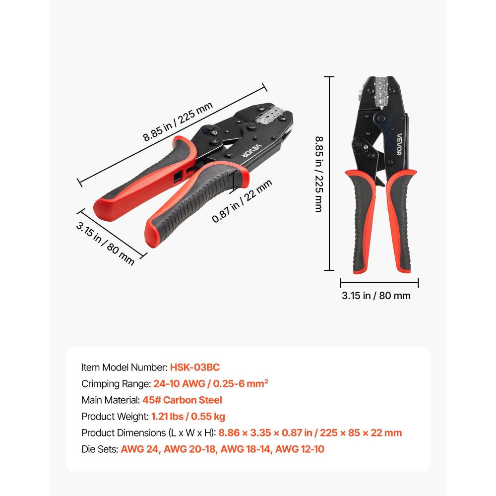 VEVOR Crimping Tool, 24-10 AWG Ratcheting Wire Crimper Tool, Labor-Saving Electrical Terminal Crimp Pliers with Clear Metric & AWG Markings, Quick Release, Adjustable Pressure for Multiple Terminals