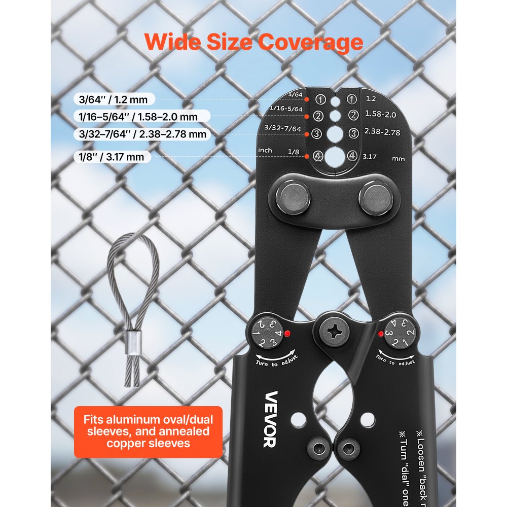 VEVOR Crimping Tool, 3/64" - 1/8" Steel Wire Rope Crimper, with Clear Metric and Imperial Markings, Adjustable Force, Crimp Pliers for Aluminum Oval and Dual Sleeves, and Annealed Copper Sleeves