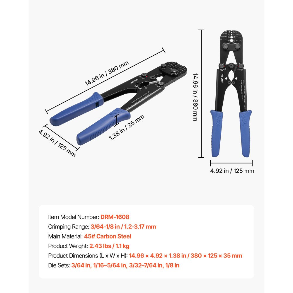 VEVOR Crimping Tool, 3/64" - 1/8" Steel Wire Rope Crimper, with Clear Metric and Imperial Markings, Adjustable Force, Crimp Pliers for Aluminum Oval and Dual Sleeves, and Annealed Copper Sleeves