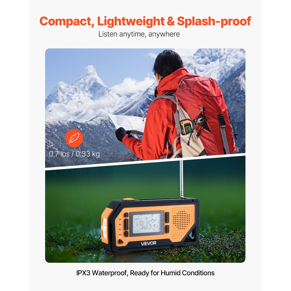 VEVOR Emergency Weather Radio, 2000mAh Battery, FM/AM/WB/NOAA Alert Solar Hand Crank Emergency Radio, with USB Charging Cable, SOS Alarm and Flashlight, Portable for Outdoor Emergencies, Camping