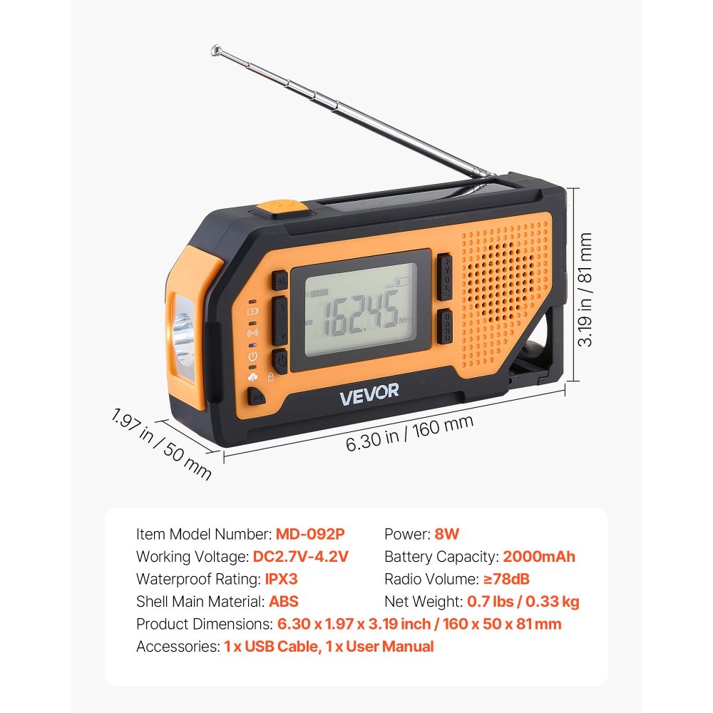 VEVOR Emergency Weather Radio, 2000mAh Battery, FM/AM/WB/NOAA Alert Solar Hand Crank Emergency Radio, with USB Charging Cable, SOS Alarm and Flashlight, Portable for Outdoor Emergencies, Camping