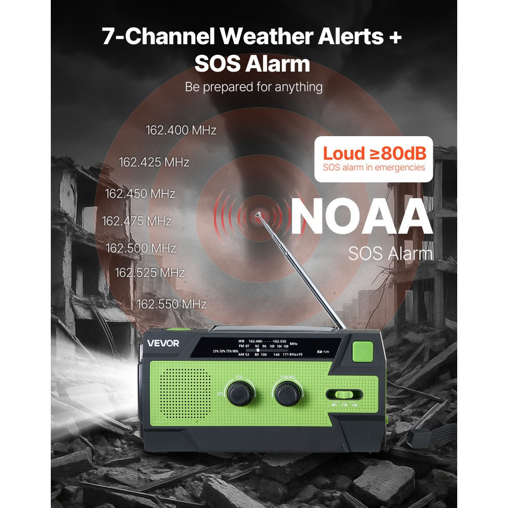 VEVOR Emergency Weather Radio, 4000mAh Battery, FM/AM/WB/NOAA Alert Solar Hand Crank Emergency Radio, with USB Charging Cable, SOS Alarm and Flashlight, Portable for Outdoor Emergencies, Camping