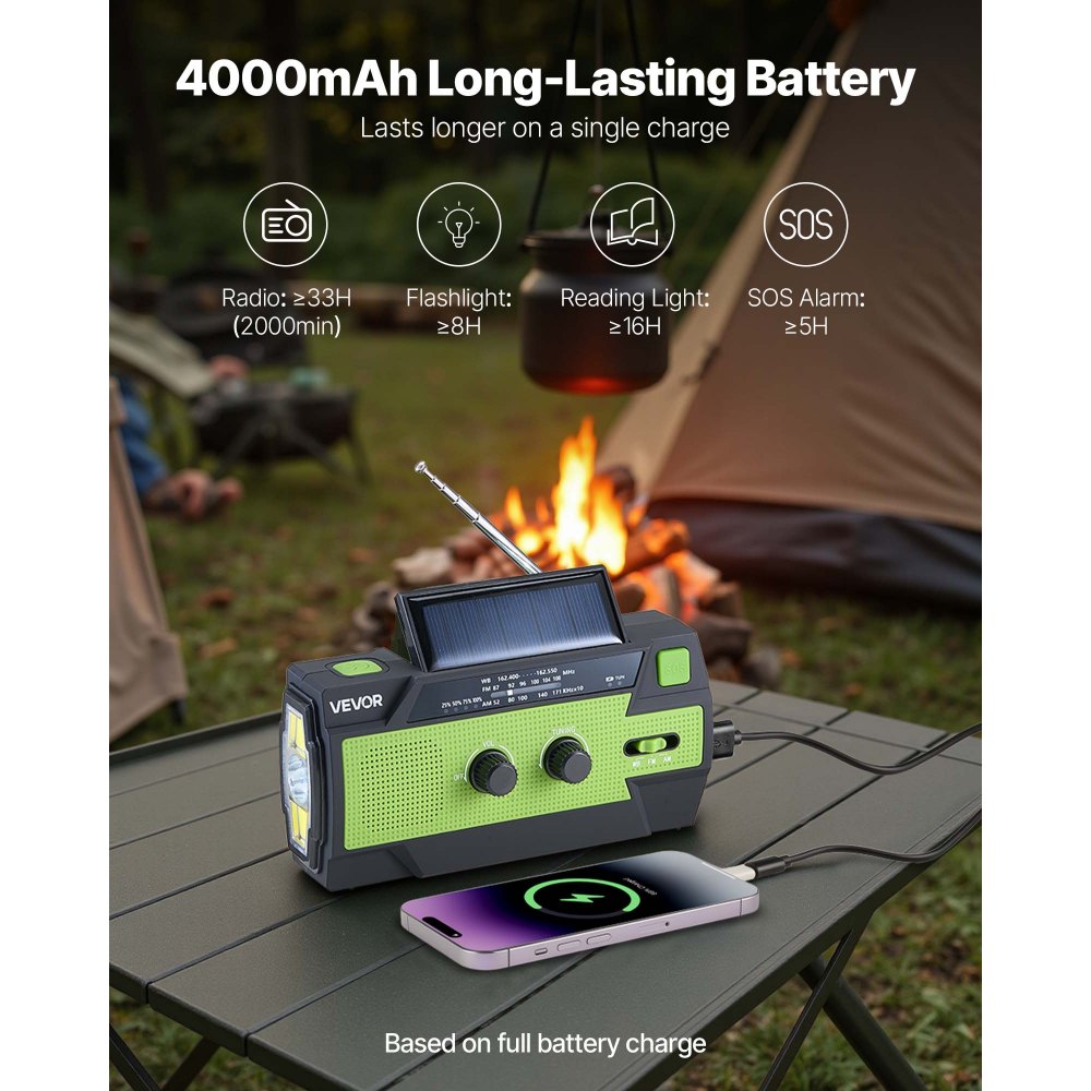 VEVOR Emergency Weather Radio, 4000mAh Battery, FM/AM/WB/NOAA Alert Solar Hand Crank Emergency Radio, with USB Charging Cable, SOS Alarm and Flashlight, Portable for Outdoor Emergencies, Camping
