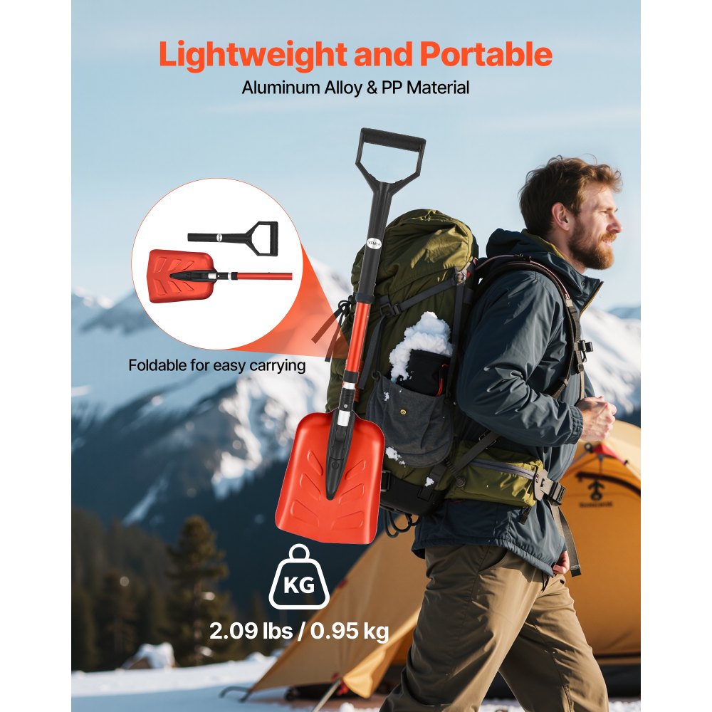 VEVOR Snow Shovel for Driveway, 9 in Foldable Snow Shovel with D-shaped Handle, , 36-40 in Adjustable, Lightweight Aluminum Alloy Snows Removal Tool, Reduce Back Strains for Garden Car Camping
