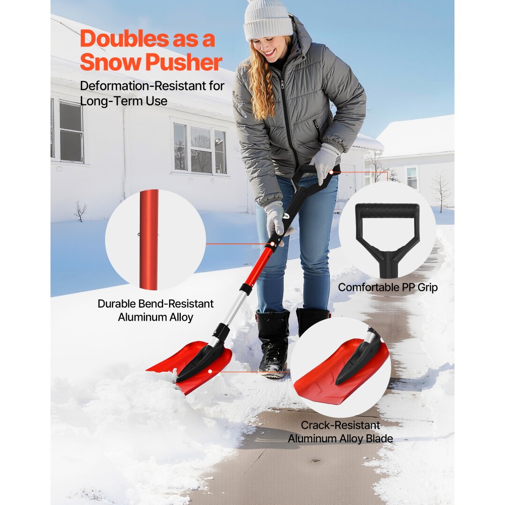 VEVOR Snow Shovel for Driveway, 9 in Foldable Snow Shovel with D-shaped Handle, , 36-40 in Adjustable, Lightweight Aluminum Alloy Snows Removal Tool, Reduce Back Strains for Garden Car Camping