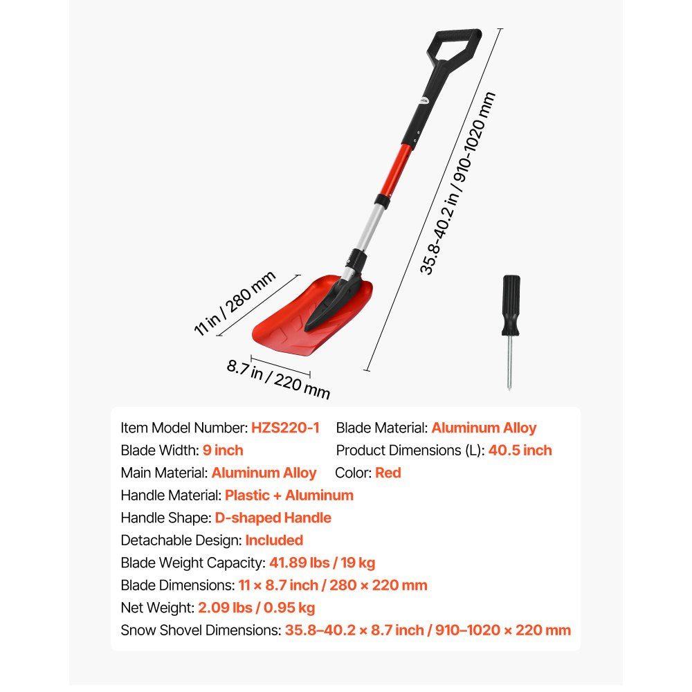 VEVOR Snow Shovel for Driveway, 9 in Foldable Snow Shovel with D-shaped Handle, , 36-40 in Adjustable, Lightweight Aluminum Alloy Snows Removal Tool, Reduce Back Strains for Garden Car Camping