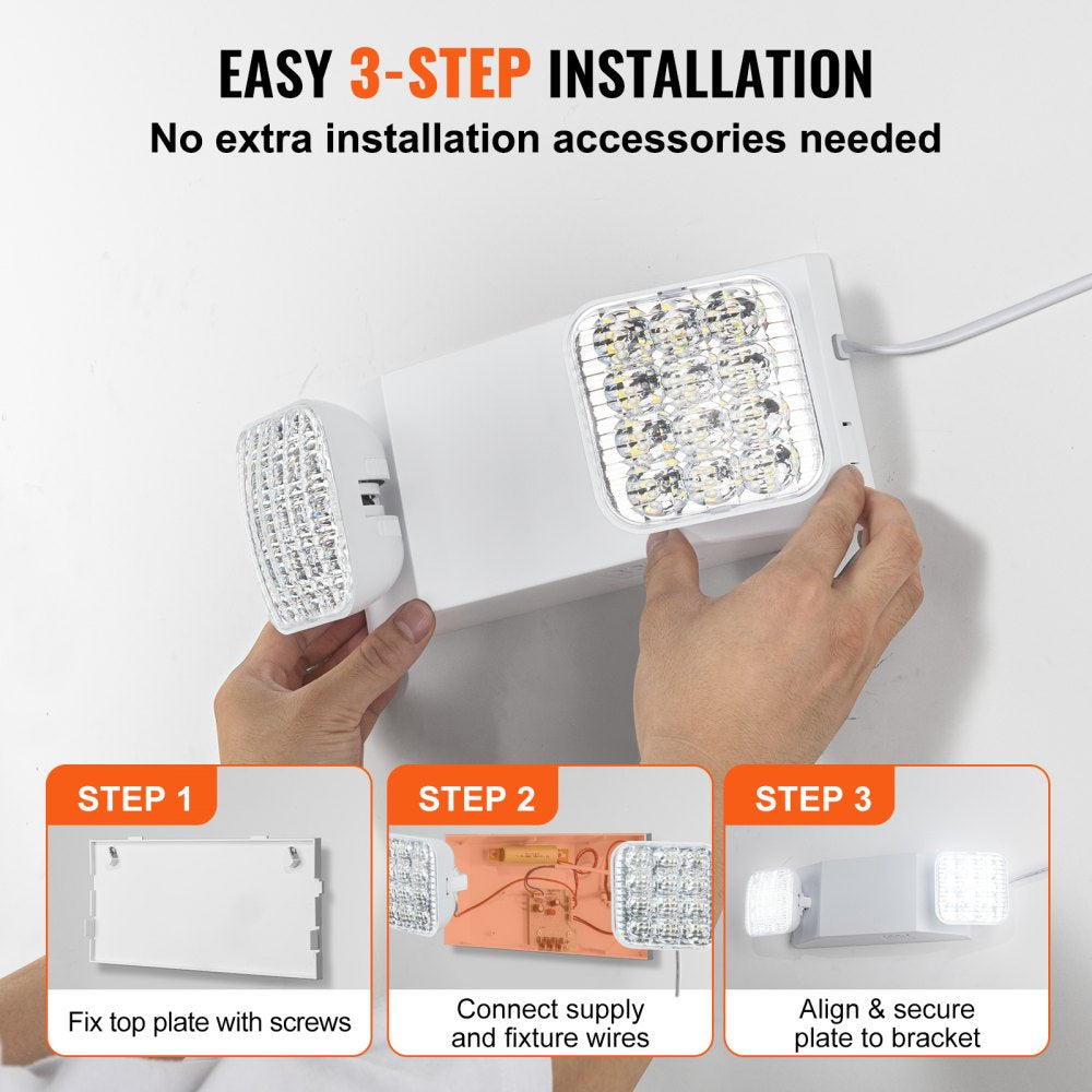 VEVOR 6 Pack Commercial Emergency Light, 3W, White LED Emergency Exit Lighting Fixtures with 180 Minutes Backup Battery Adjustable 2 LED Square Head, Ceiling or Wall Mount for Business Power Outages