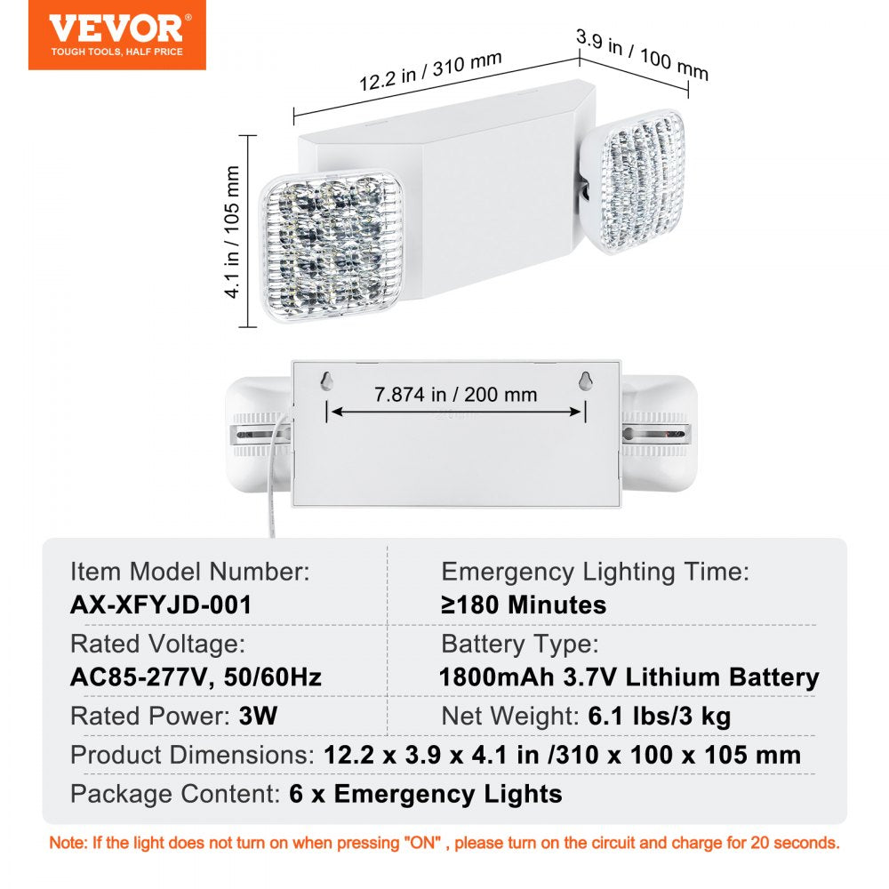 VEVOR 6 Pack Commercial Emergency Light, 3W, White LED Emergency Exit Lighting Fixtures with 180 Minutes Backup Battery Adjustable 2 LED Square Head, Ceiling or Wall Mount for Business Power Outages