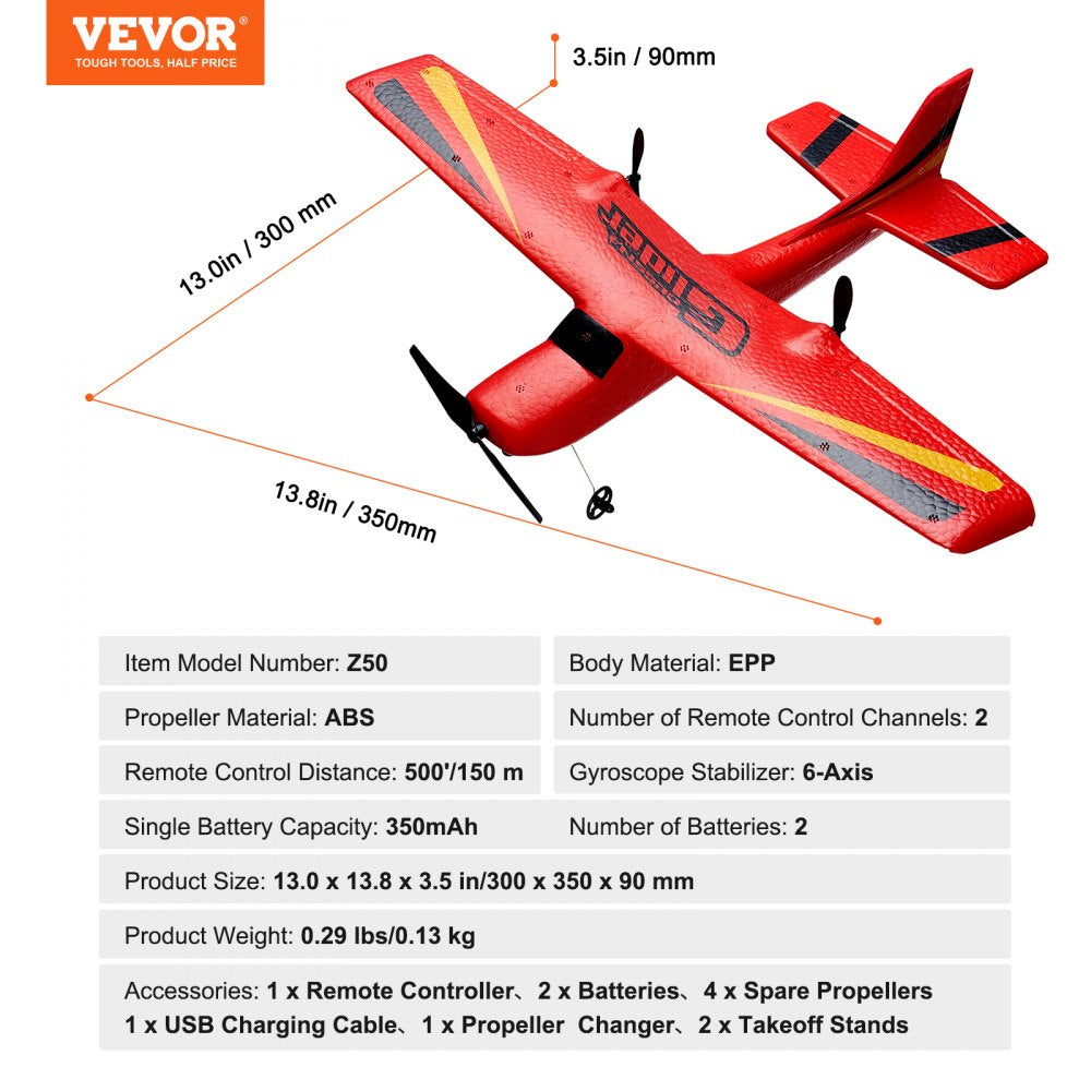VEVOR RC Plane, 2.4GHZ 2 Channel Remote Control Airplane with 6-Axis Gyro Stabilizer, Ready to Fly Aircraft Plane Toys with 2 Batteries, Easy to Fly RC Glider for Adults Kids Beginners Boys Girls