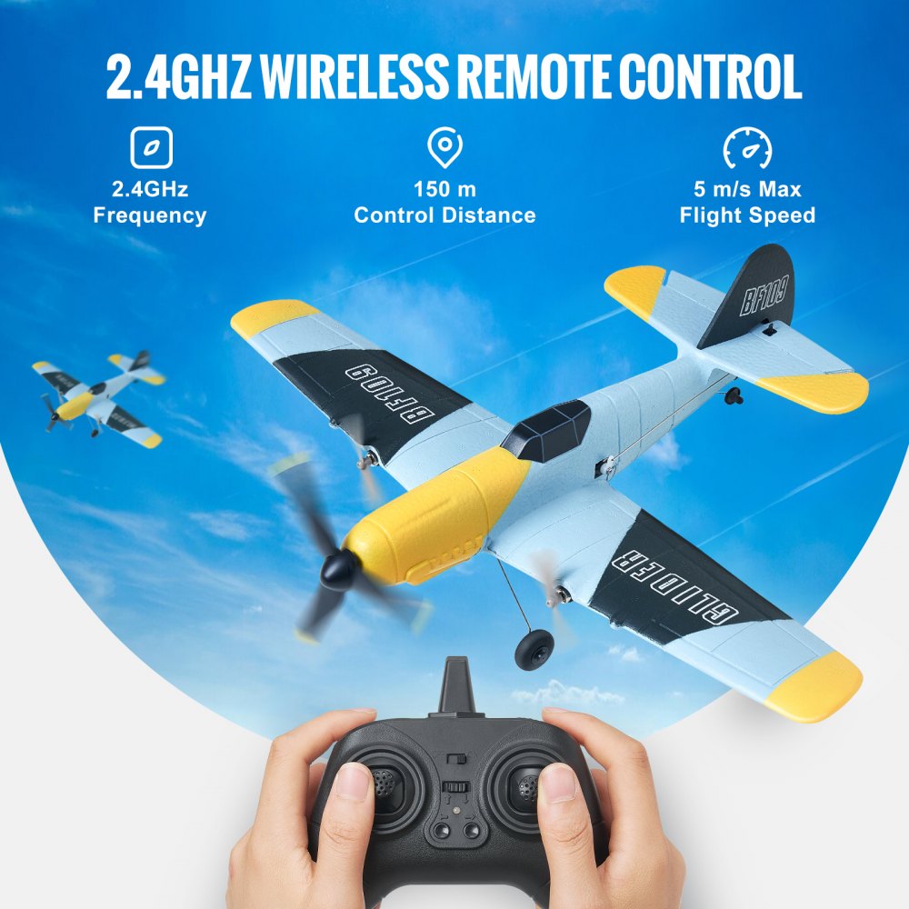 VEVOR RC Plane, 2.4GHZ 3 Channel Remote Control Airplane with 6-Axis Gyro Stabilizer, Ready to Fly Fighter Aircraft Plane Toy with 2 Batteries, Easy to Fly RC Glider for Adults Kids Beginners Boys