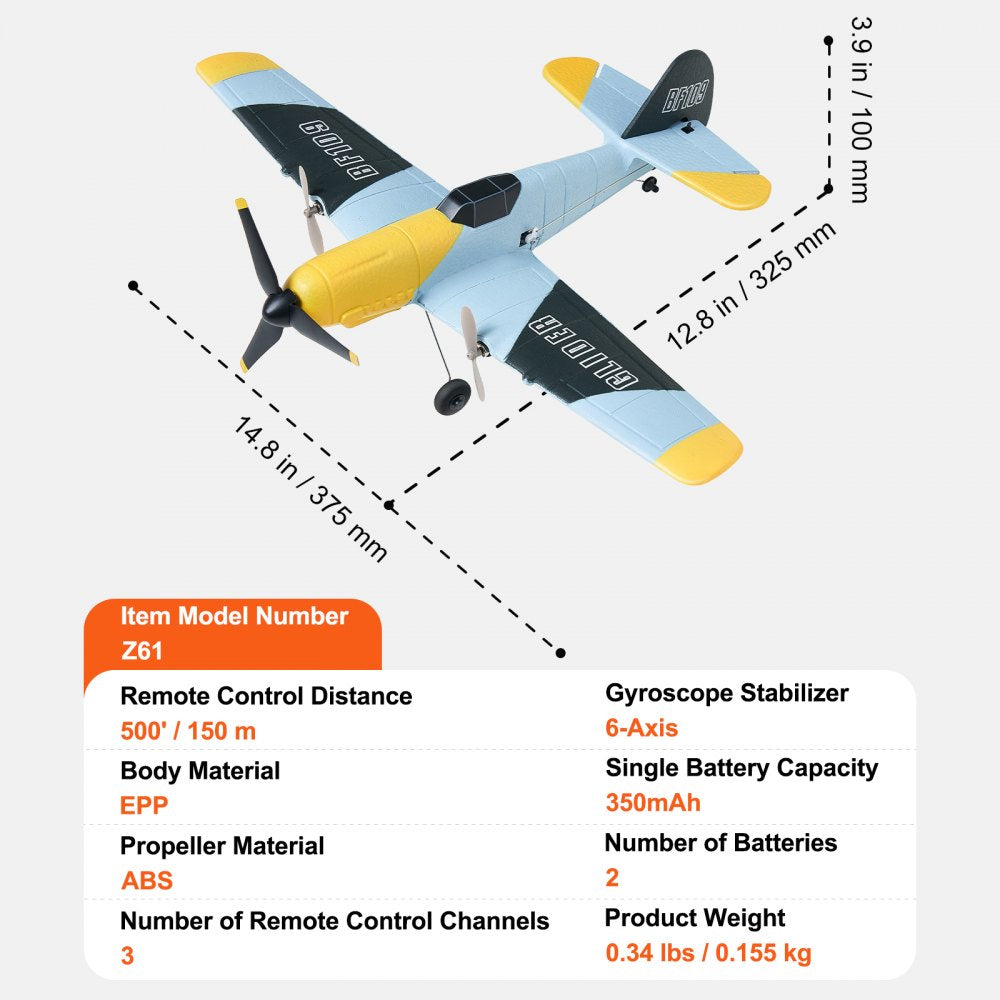 VEVOR RC Plane, 2.4GHZ 3 Channel Remote Control Airplane with 6-Axis Gyro Stabilizer, Ready to Fly Fighter Aircraft Plane Toy with 2 Batteries, Easy to Fly RC Glider for Adults Kids Beginners Boys