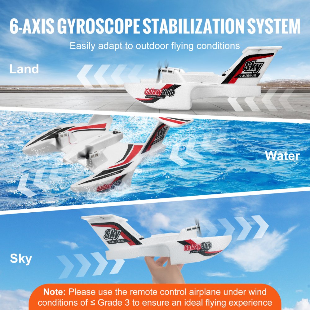 VEVOR RC Plane, 2.4GHZ 3 Channel Remote Control Airplane with 6-Axis Gyro Stabilizer, Ready to Fly Amphibious Aircraft Plane Toy with 2 Batteries, Easy to Fly RC Glider for Adults Kids Beginners Boys