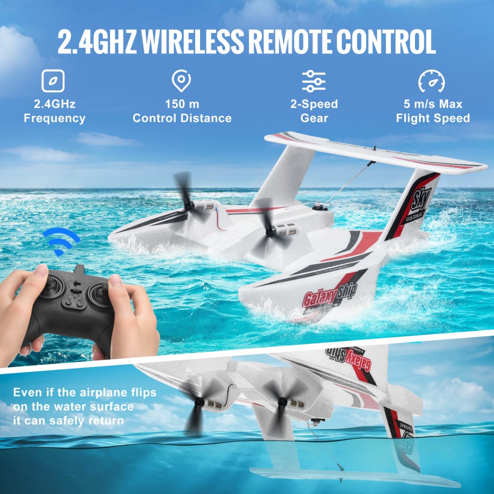 VEVOR RC Plane, 2.4GHZ 3 Channel Remote Control Airplane with 6-Axis Gyro Stabilizer, Ready to Fly Amphibious Aircraft Plane Toy with 2 Batteries, Easy to Fly RC Glider for Adults Kids Beginners Boys