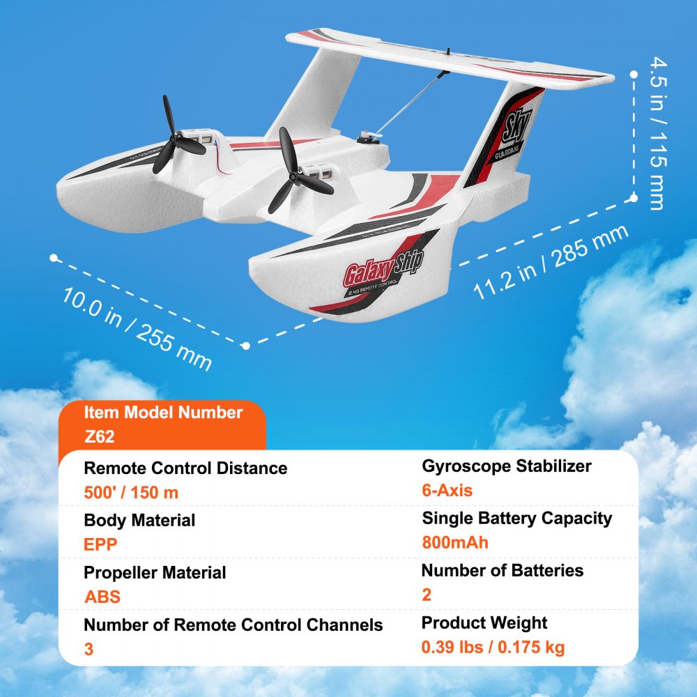 VEVOR RC Plane, 2.4GHZ 3 Channel Remote Control Airplane with 6-Axis Gyro Stabilizer, Ready to Fly Amphibious Aircraft Plane Toy with 2 Batteries, Easy to Fly RC Glider for Adults Kids Beginners Boys