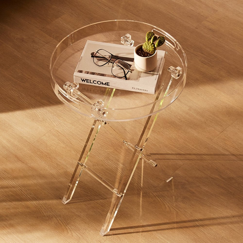 VEVOR Acrylic Folding Tray Table, Acrylic End Table with Folding X Leg, Clear Acrylic Side Table for Coffee, Drink, Food, Snack used in Living Room, Bedroom, and Study