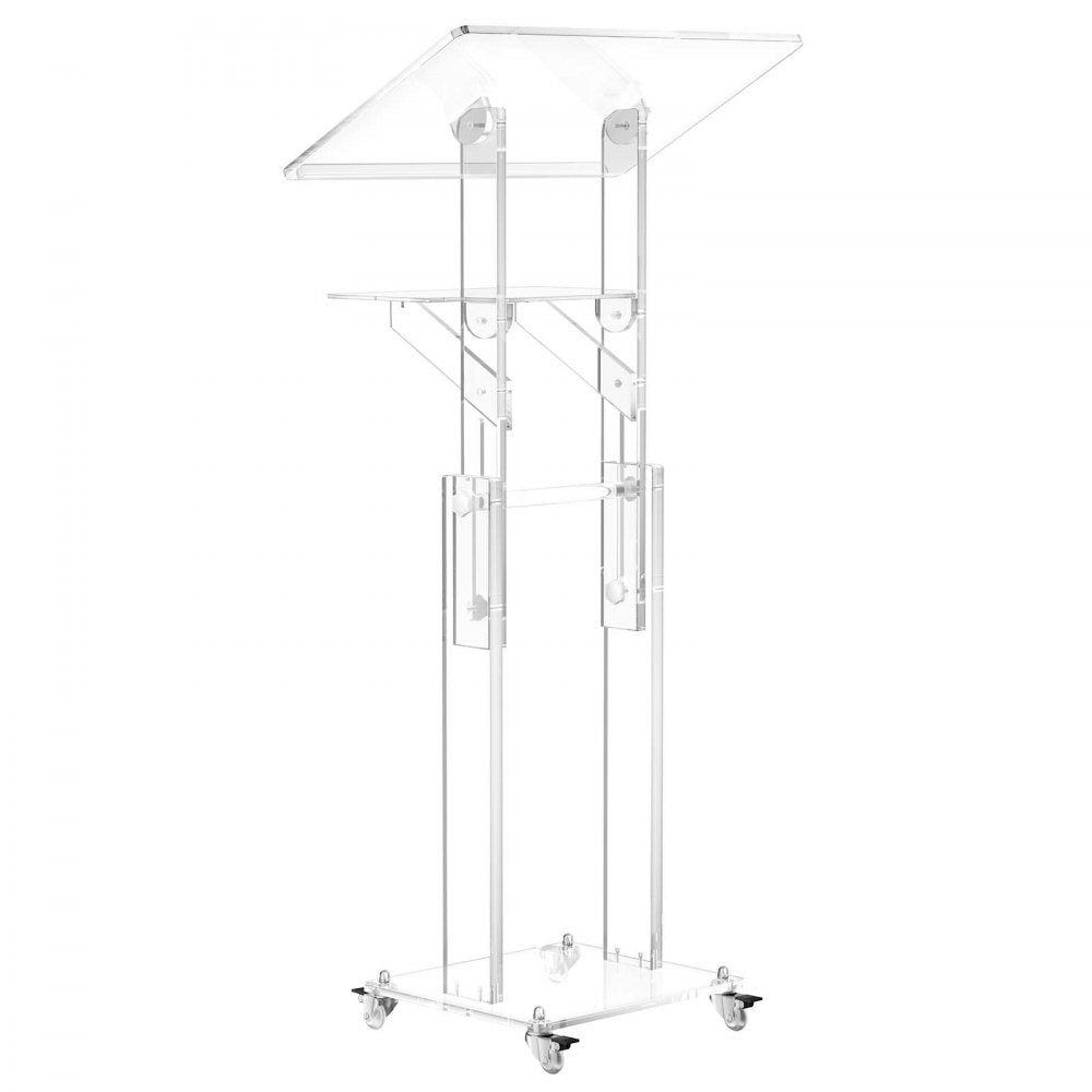 VEVOR Podium Stand, Adjustable Height Acrylic Lectern Mobile Laptop Desk, for Schools, Churches and Events, 43-46 inch, Clear Portable Presentation Lectern Stand with 70-180° Tilt and Storage Shelf