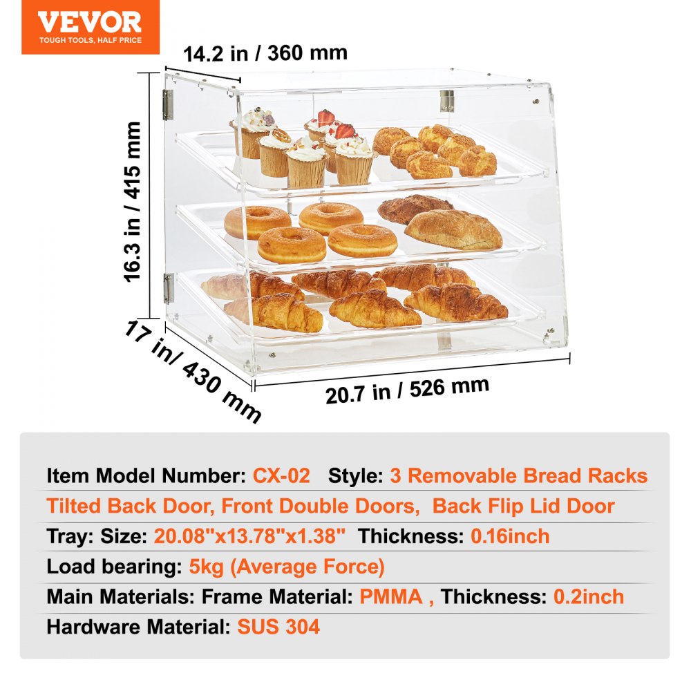 VEVOR Pastry Display Case, 3-Tier Commercial Countertop Bakery Display Case, Acrylic Display Box with Rear Door Access & Removable Shelves, Keep Fresh for Donut Bagels Cake Cookie, 20.7"x17"x16.3"