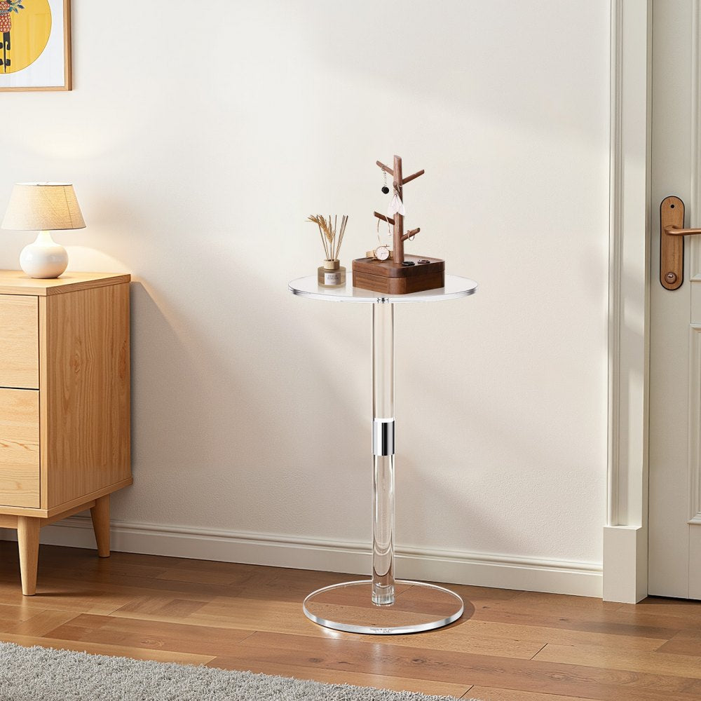 VEVOR Acrylic Drink Table, Clear End Table Round Top with Solid Post, Modern Acrylic Cake Table Stand, Transparent Side Desk for Coffee, Drink, Food, Snack, Easy Assembly, 10 x 10 x 21.3 in (Clear)
