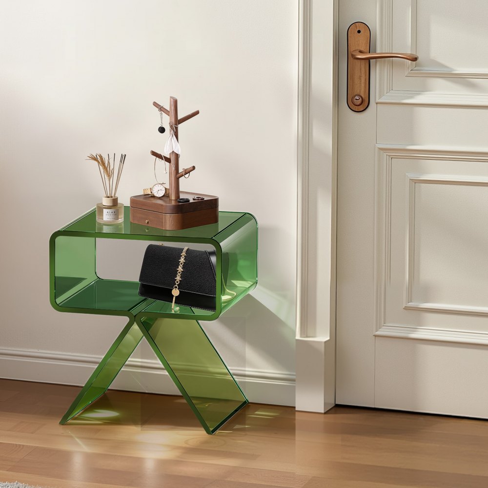 VEVOR Acrylic Nightstand Side Table, Modern Clear Bedside Table with Storage Shelf, Transparent Small End Desk for Living Room, Bedroom, Home Decor, No Assembly Needed, 11.8 x 15.4 x 17 in (Green)