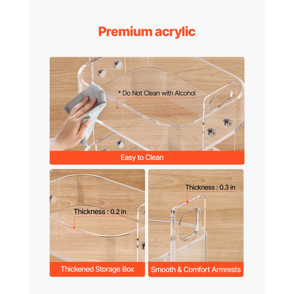 VEVOR Acrylic Table with Wheels, 2 Tiers Mobile Cart Table, Modern Rolling Acrylic Storage Desk, Clear Nightstand Side End Desk, for Living Room, Bedroom, Bar, Office, 12 x 16.3 x 18.9 in (Clear)