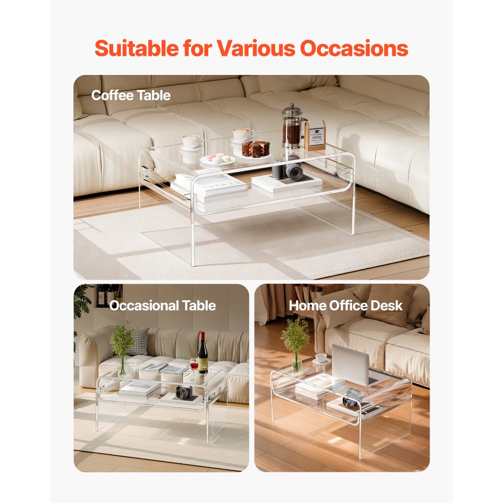 VEVOR Acrylic Coffee Table, 2 Tiers Center Table with Storage Shelf, Modern Rectangle Acrylic Coffee Desk, Ideal for Dining Room, Kitchen Island, Restaurant, Office, 19.7 x 31.5 x 15 in (Clear)