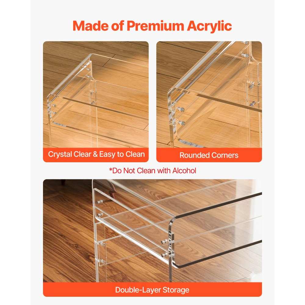 VEVOR Acrylic Table, 2 Tiers Clear End Table with Storage Shelf, Modern Rectangle Acrylic Side Desk, Transparent Thick Desk Nightstand for Bedroom, Office, Living Room, 15.7 x 33.5 x 29.5 in (Clear)