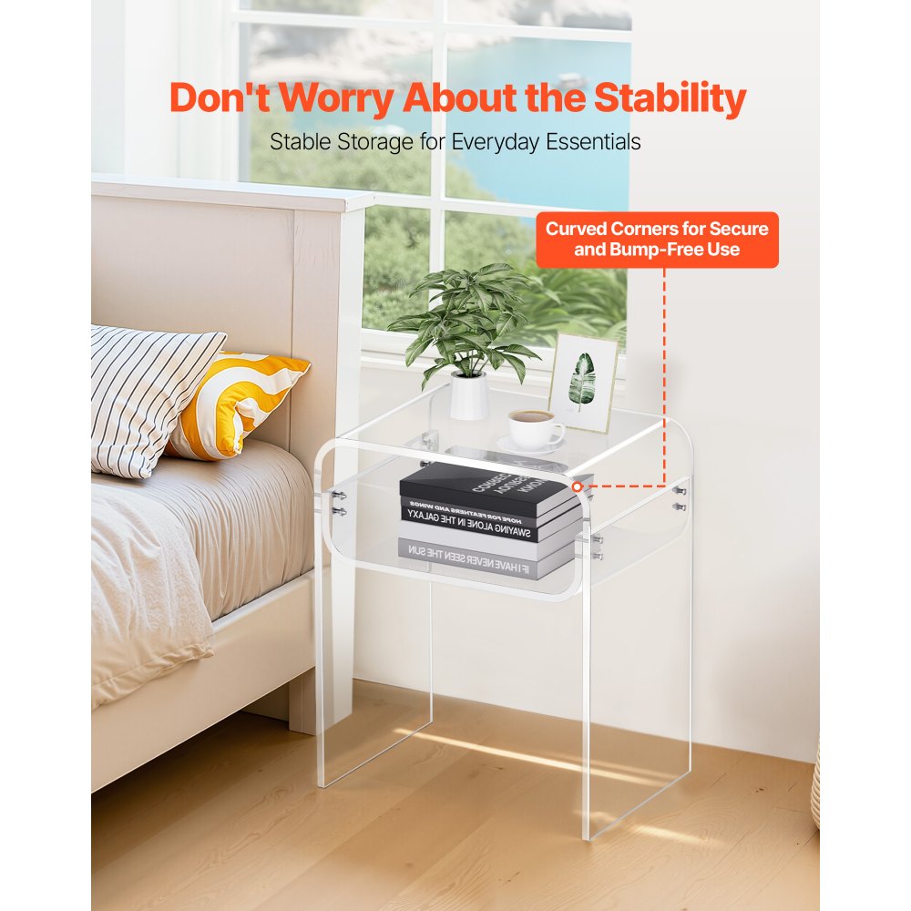 VEVOR Acrylic Side Table, 2 Tiers Clear Bedside Table with Storage Shelf, Modern Rectangle Acrylic End Desk, Transparent Thick Nightstand for Bedroom, Living Room, Study, 11.8 x 15.7 x 19.7 in (Clear)