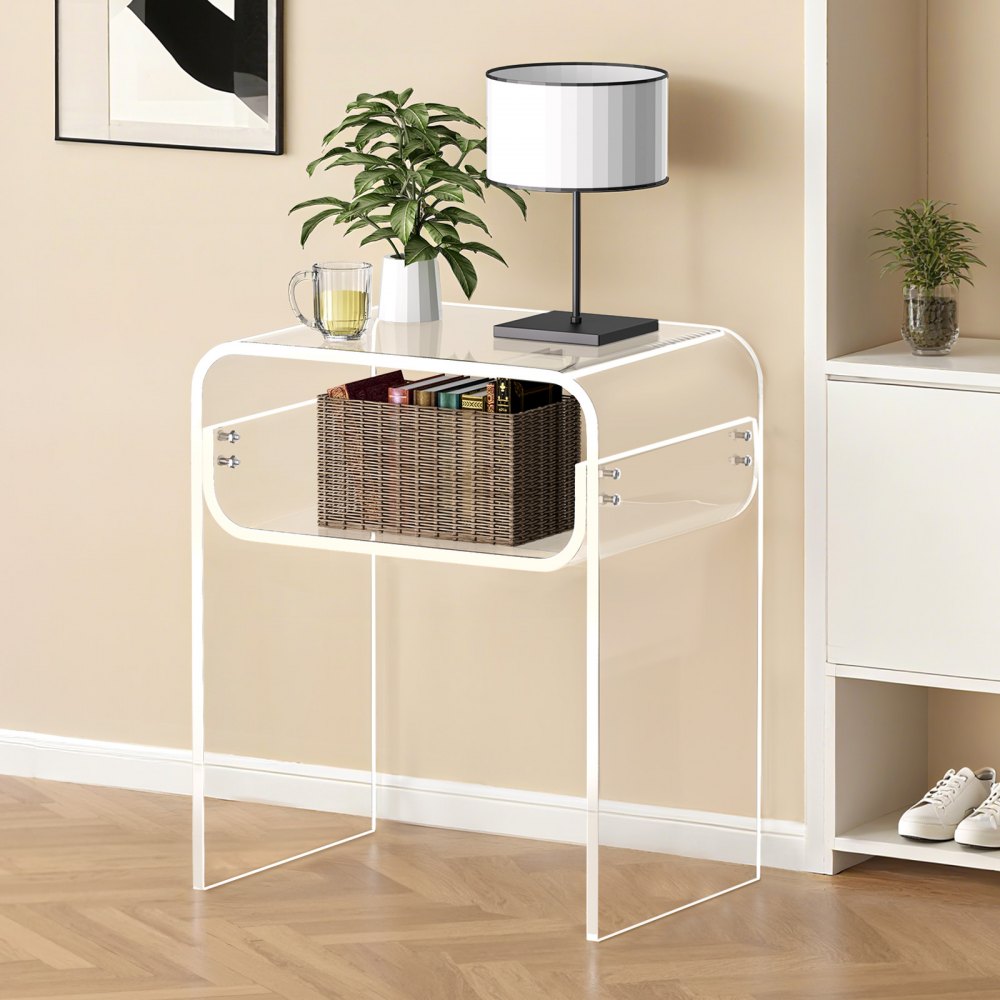 VEVOR Acrylic Side Table, 2 Tiers Clear Bedside Table with Storage Shelf, Modern Rectangle Acrylic End Desk, Transparent Thick Nightstand for Bedroom, Living Room, Study, 11.8 x 15.7 x 19.7 in (Clear)