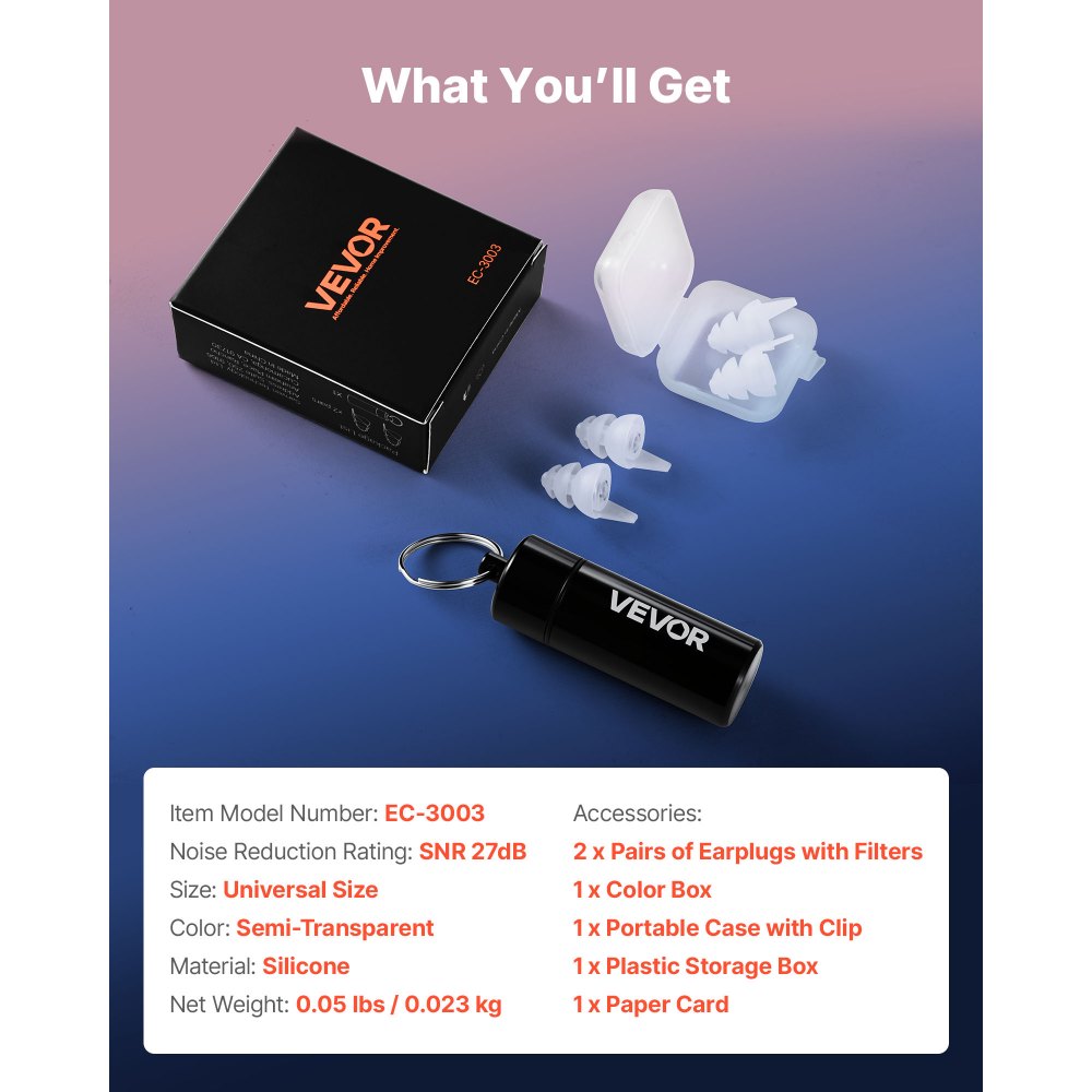 VEVOR Concert Ear Plugs, 2 Pairs Reusable High Fidelity Musician Ear Plugs, SNR 27 dB High Noise Reduction Earplugs, Flexible Silicone Soft Music Ear Plugs, for Concerts, Festivals, Raves, Musicians