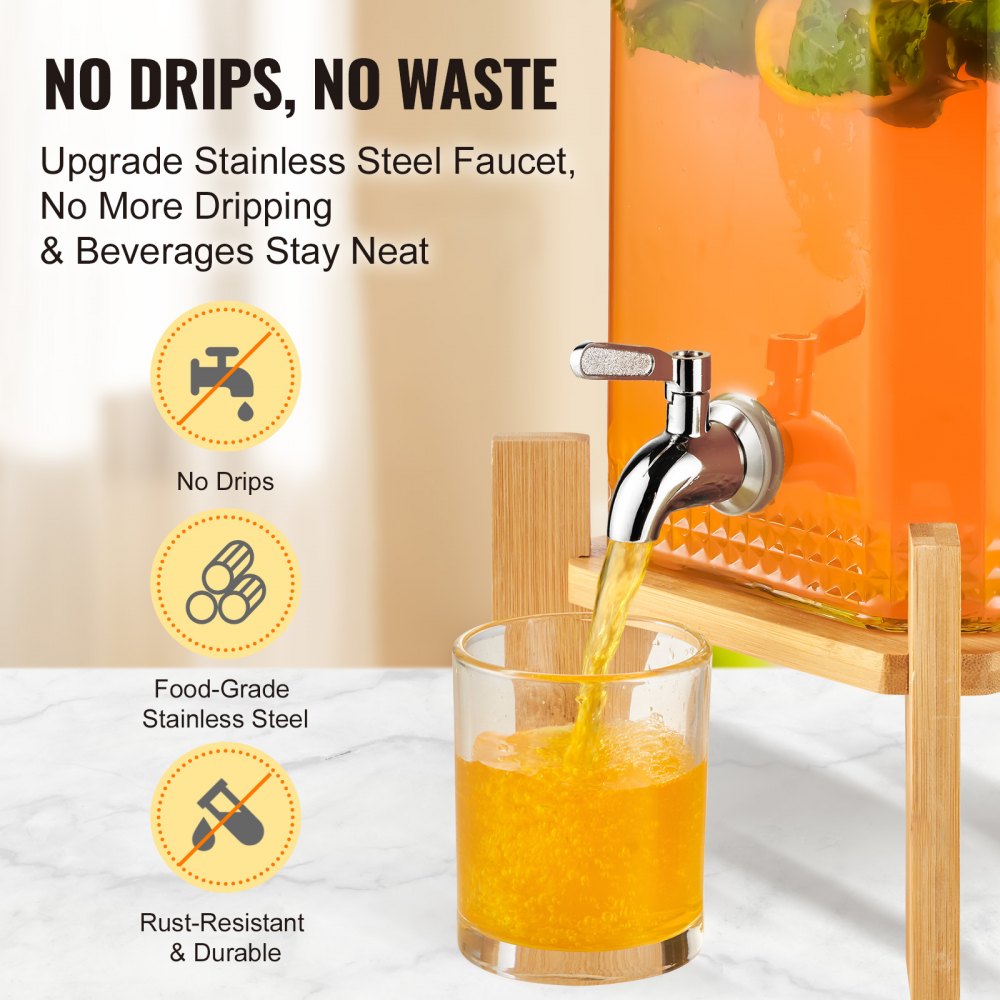 VEVOR Beverage Dispenser, 1.5 Gallon Drink Dispensers for Parties, 2PC,Glass Juice Dispenser with Stand, Stainless Steel Spigot, Iced Tea Lemonade Juice Water Dispenser, for Restaurants, Hotels, Parti