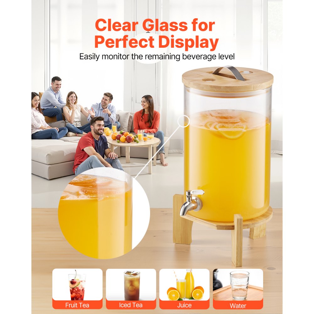 VEVOR Beverage Dispenser, 2.2 Gallon Drink Dispensers for Parties, Glass Juice Dispenser with Wood Stand, Stainless Steel Spigot, Iced Tea Lemonade Juice Water Dispensers for Parties
