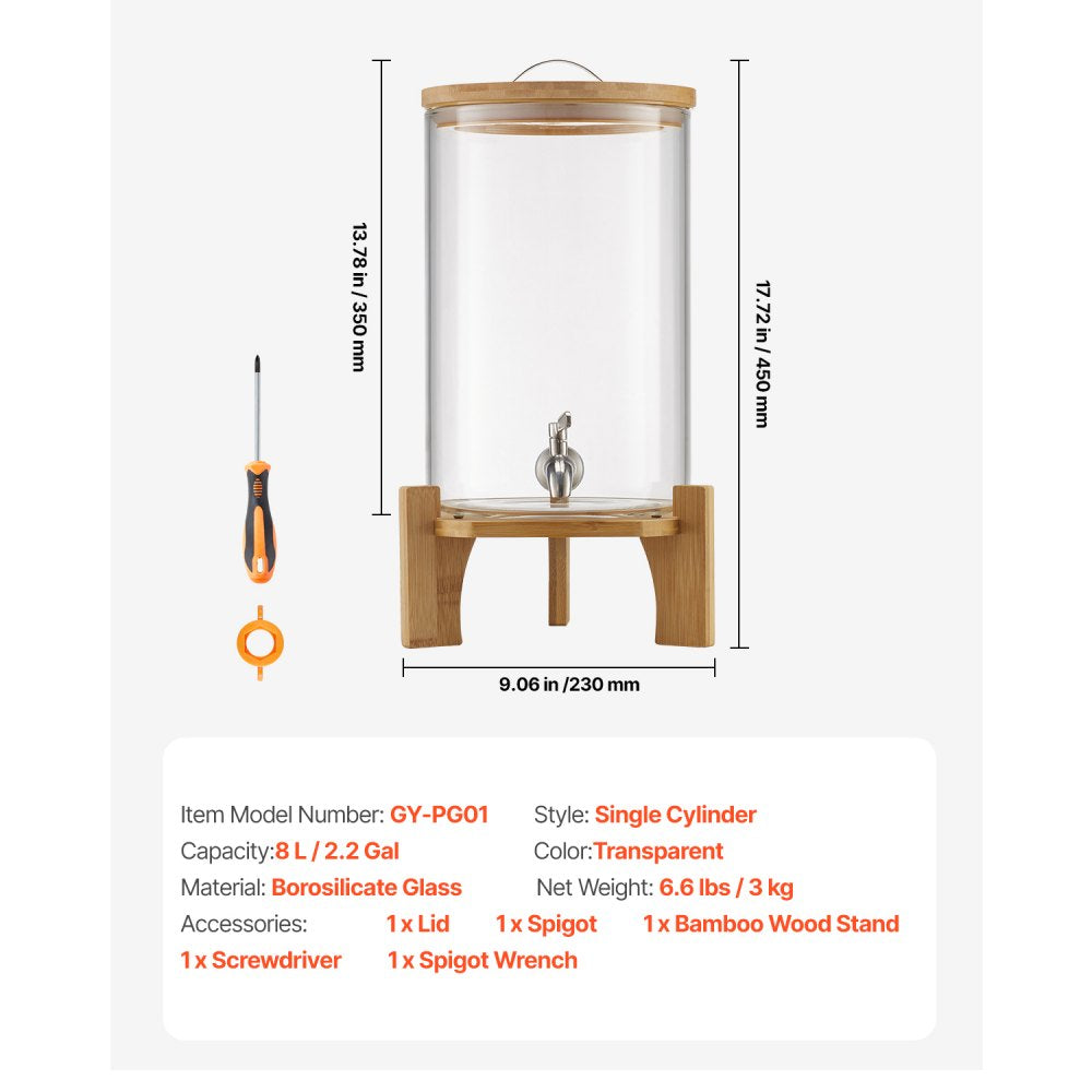 VEVOR Beverage Dispenser, 2.2 Gallon Drink Dispensers for Parties, Glass Juice Dispenser with Wood Stand, Stainless Steel Spigot, Iced Tea Lemonade Juice Water Dispensers for Parties